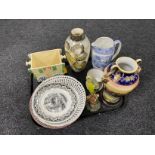 A tray of antique and later china, Noritake twin handled vase, commemorative tankard,