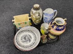 A tray of antique and later china, Noritake twin handled vase, commemorative tankard,