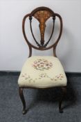 A Victorian inlaid mahogany bedroom chair with tapestry upholstered seat