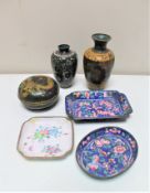 Two cloisonne vases together with a dragon designed trinket pot and three shallow dishes