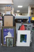 A quantity of framed prints, wall canvases, picture frames,