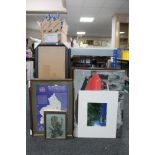 A quantity of framed prints, wall canvases, picture frames,