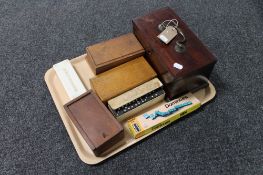 A tray of Victorian mahogany table box, dominoes, further boxes containing chess pieces,