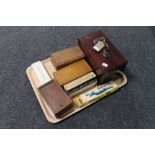 A tray of Victorian mahogany table box, dominoes, further boxes containing chess pieces,