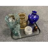 A tray of early 20th century and later glass vases, lidded pot,