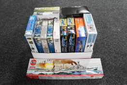 A box of Airfix Tamiya trumpeter plastic modelling kits