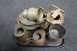 A tray of antique and later metalware, copper jugs, brass kettle,