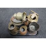 A tray of antique and later metalware, copper jugs, brass kettle,