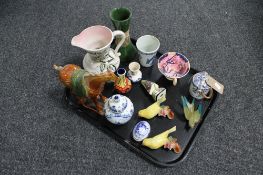 A tray of assorted china, Maling Coleus jug, pottery tang horse, Victorian tea cup,