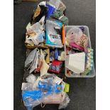 Five boxes of toys, tablet and phone cases, table covers, slippers,