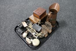 A tray of wooden table boxes, antique and later metal ware, oriental style book ends,