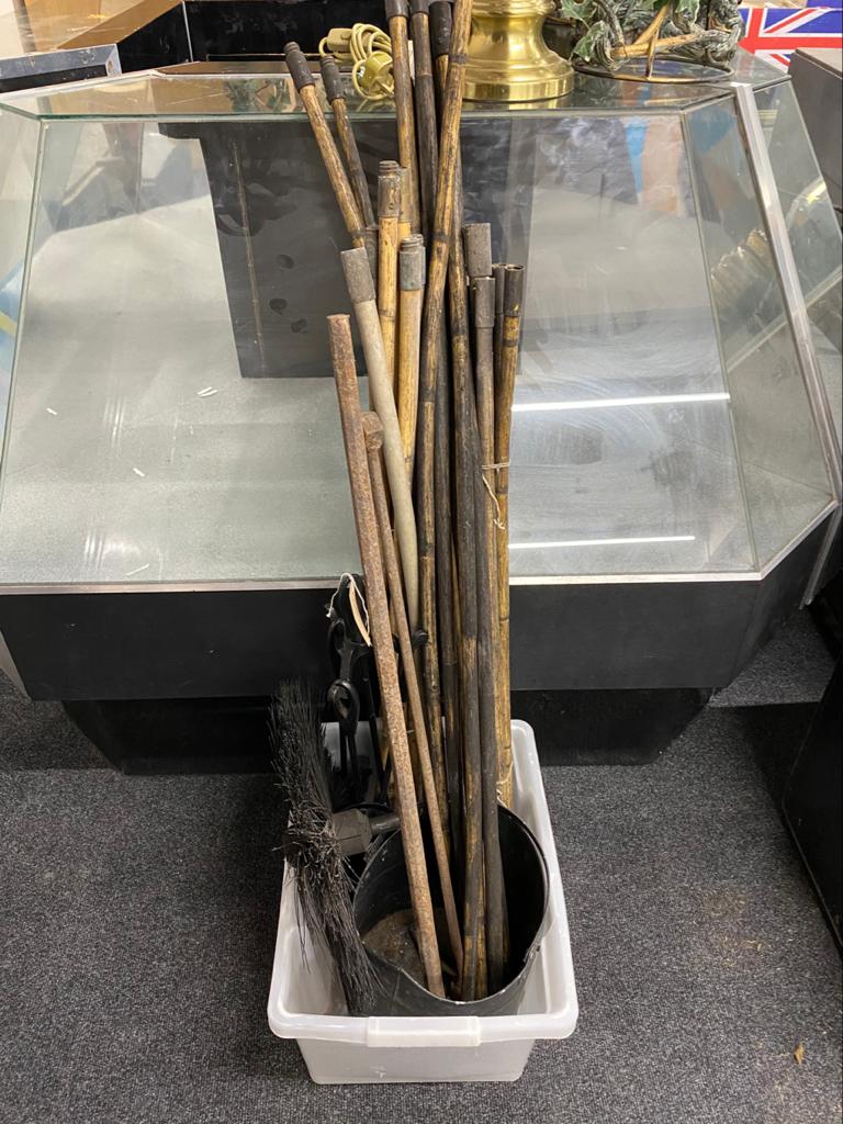 A box of chimney sweep brush and rods, three piece companion set on stand,