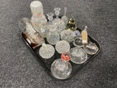 A tray of assorted glass ware - perfume bottles, paperweights, powder bowls,