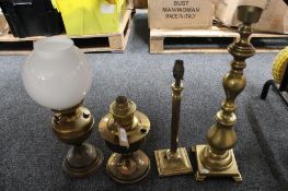 An antique brass Duplex oil lamp with glass chimney and shade together with a further Aladdin oil