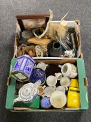 Two boxes of assorted Ringtons china, metal ware, stained glass windows,