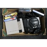 A box of Nintendo entertainment system, Megadrive and controllers,