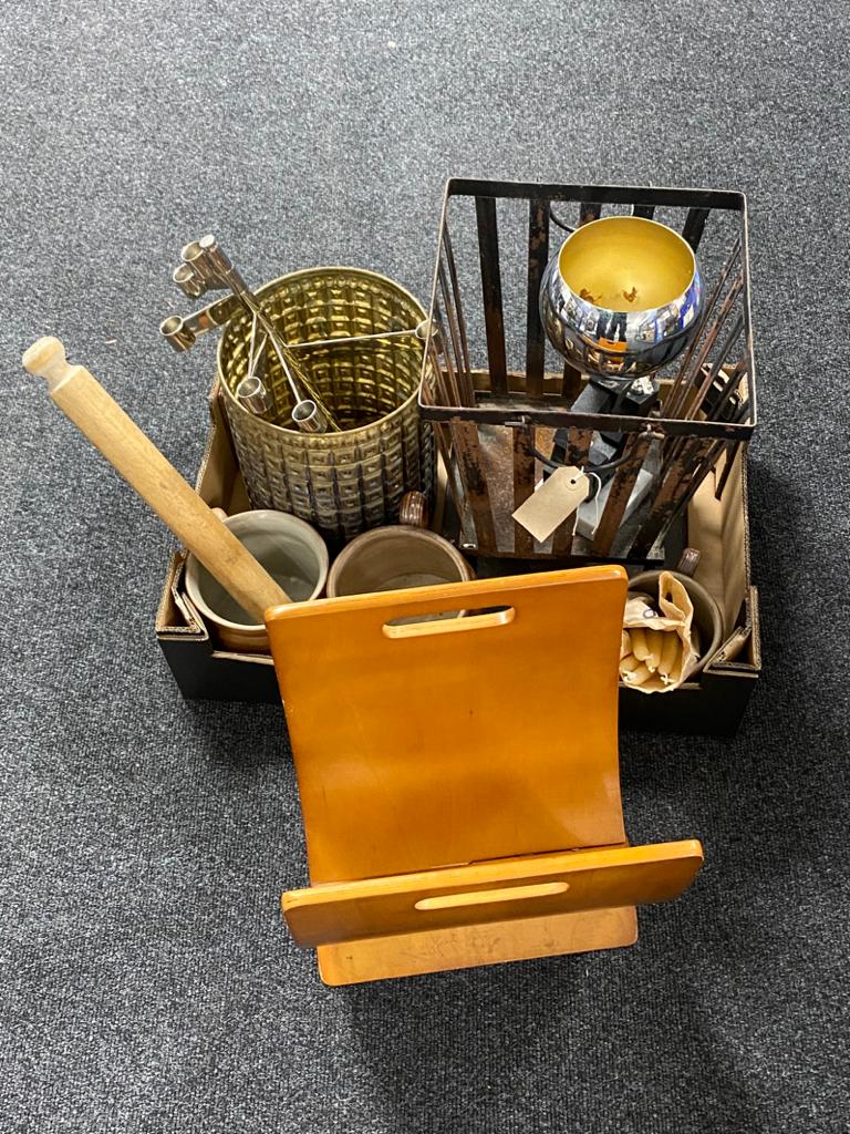 A box of rolling pin, glazed kitchen jars, brass bin, metal planter,