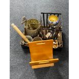 A box of rolling pin, glazed kitchen jars, brass bin, metal planter,