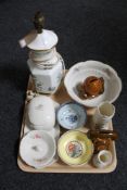 A tray of Aynsley china table lamp, Belleek vase, five pieces of Donegal china,