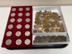 A tray of pre decimal British coins, Victorian pennies, Georgian and later coins,