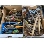 Two boxes of hand tools, miniature bench vice,