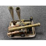 A silver plated gallery tray, brass El Tigre cannon on stand, vintage punch,