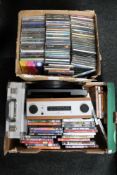 Two boxes of stereo integrated turntable, assorted CD's and DVD's,