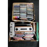 Two boxes of stereo integrated turntable, assorted CD's and DVD's,