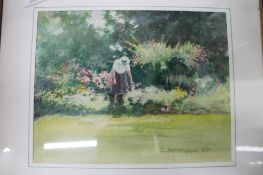 George Patterson : A lady gardening, watercolour, signed, dated '97, 20 cm x 26 cm, framed.