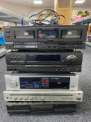 Five hifi separates to include Technics double cassette deck, stereo receiver and CD player,