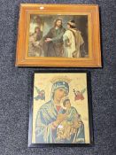 A gilt framed antiquarian print depicting Jesus together with one other framed religious picture