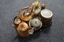 A tray of oak biscuit barrel, brass vases, copper tea service,