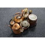 A tray of oak biscuit barrel, brass vases, copper tea service,