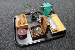 A tray of lens in box, gent's studs, olive wood trinket box,