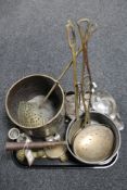 A tray of antique and later metal ware, copper iron handled pan, brass roasters,