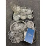 Two trays of 20th century crystal bowls, vases,