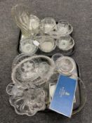 Two trays of 20th century crystal bowls, vases,