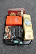 A tray of vintage Decca transistor radio, metal cash box, Kodak camera,