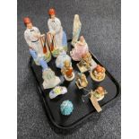A tray of pair of Staffordshire flat backed cricketer figures, five Hummel figures,
