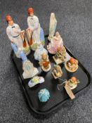 A tray of pair of Staffordshire flat backed cricketer figures, five Hummel figures,