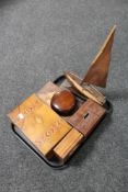 A tray of mid century rosewood model yacht together with five Victorian and later boxes