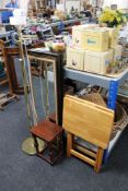 Three framed hall mirrors together with two folding pine effect tables,