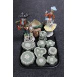 A tray of nine pieces of green and white Jasperware, two Capodimonte figures,