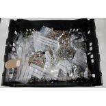 A crate of costume jewellery, bags, necklaces,