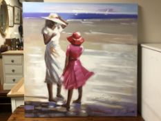 20th century school, Two girls on a beach in summer dresses, oil on canvas, indistinctly signed,