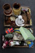 Two boxes of contemporary figures, jewellery stand, West German vases, wall plaques,