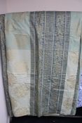 Two pairs of green and gold fully lined curtains, drop 200 cm.