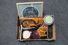 A box of vintage lady's hand bags, clothes brushes, marquetry panels,