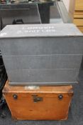 An early 20th century luggage case together with a hand painted storage box