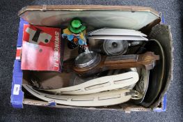 A box of monochrome portrait, silver plated tea ware, horse brasses on leather, oak barometer,